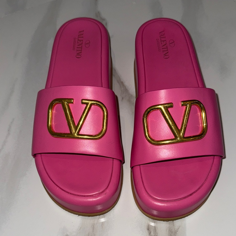 Valentino Fuchsia Sandals with Gold Emblem